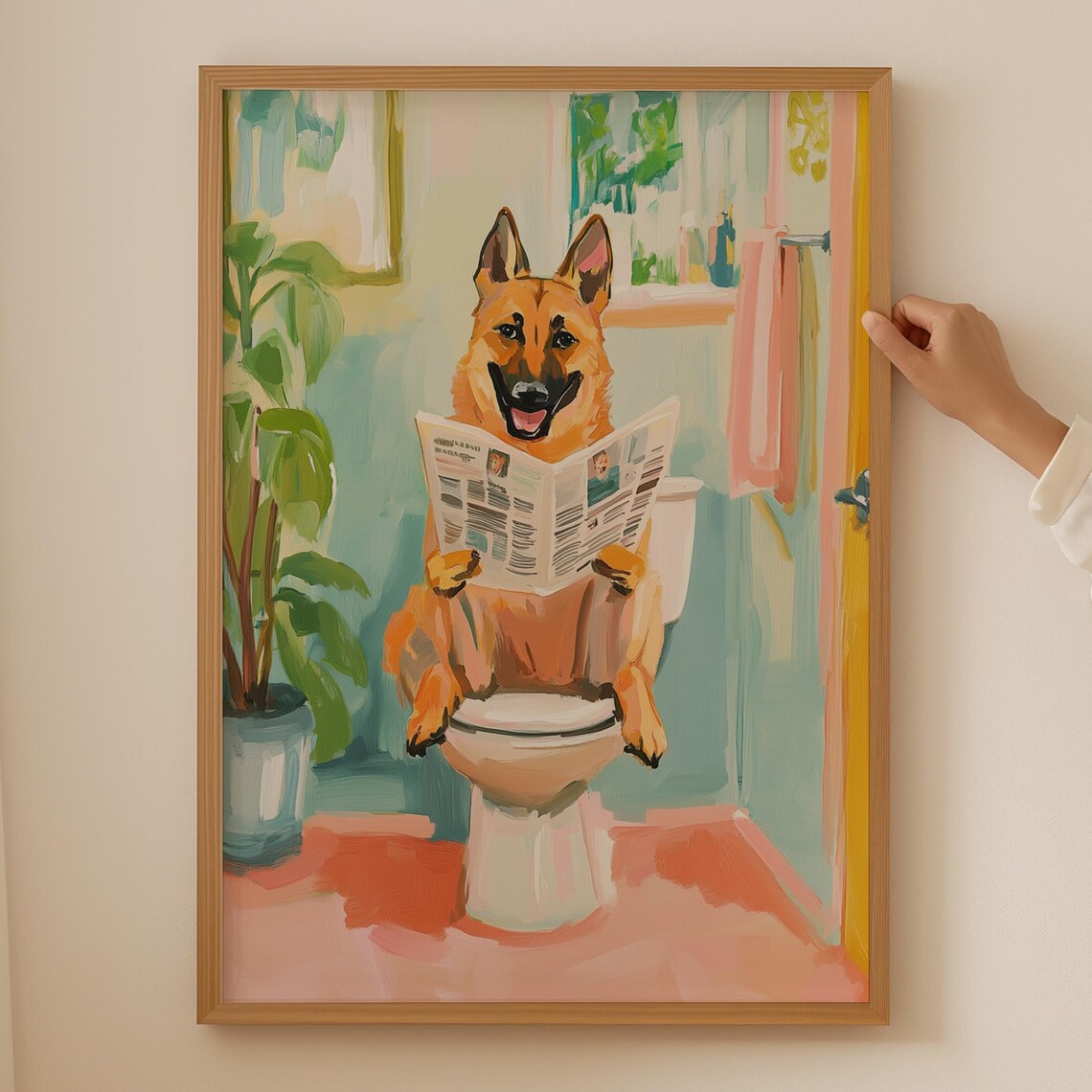 Funny German Shepherd on Toilet Reading Newspaper Bathroom Poster