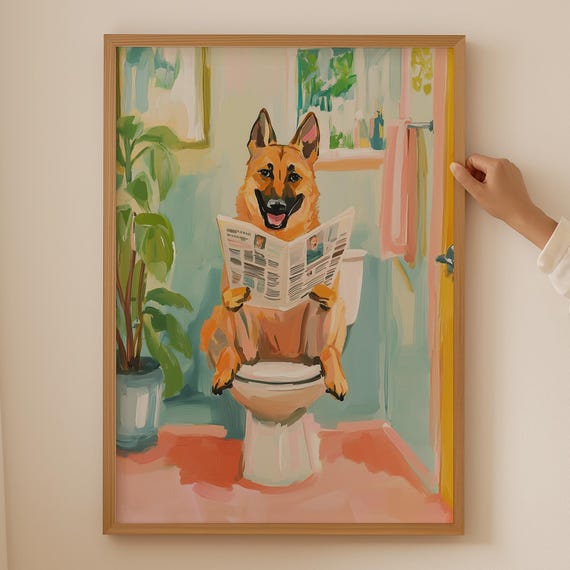 German Shepherd Lover Print Trendy Toilet Dog Wall Art Funky Bathroom Decor Colorful Cubicle Poster Funny Poop Gift