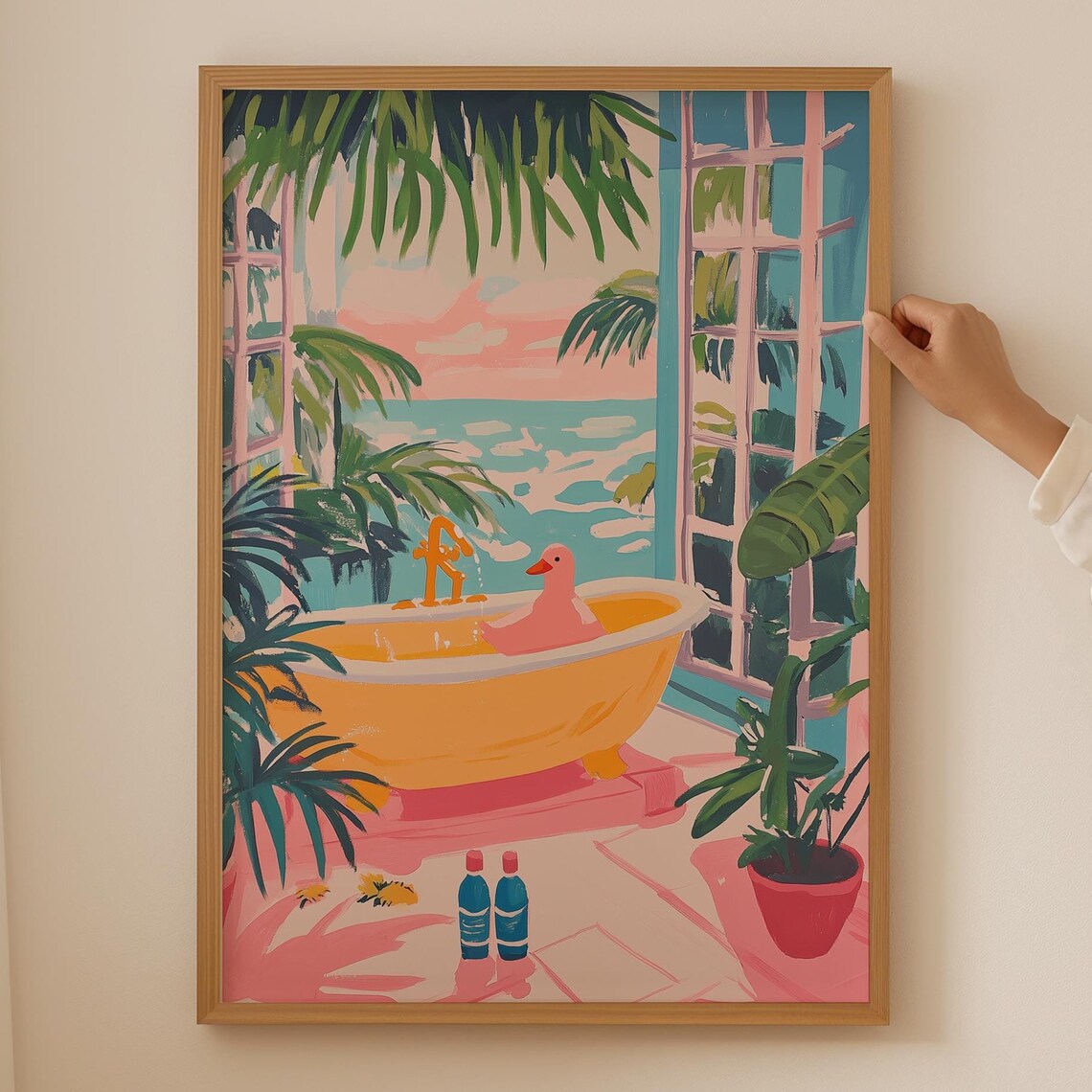 Pink Duck In Yellow Bathtub Tropical Ocean Funny Bathroom Poster