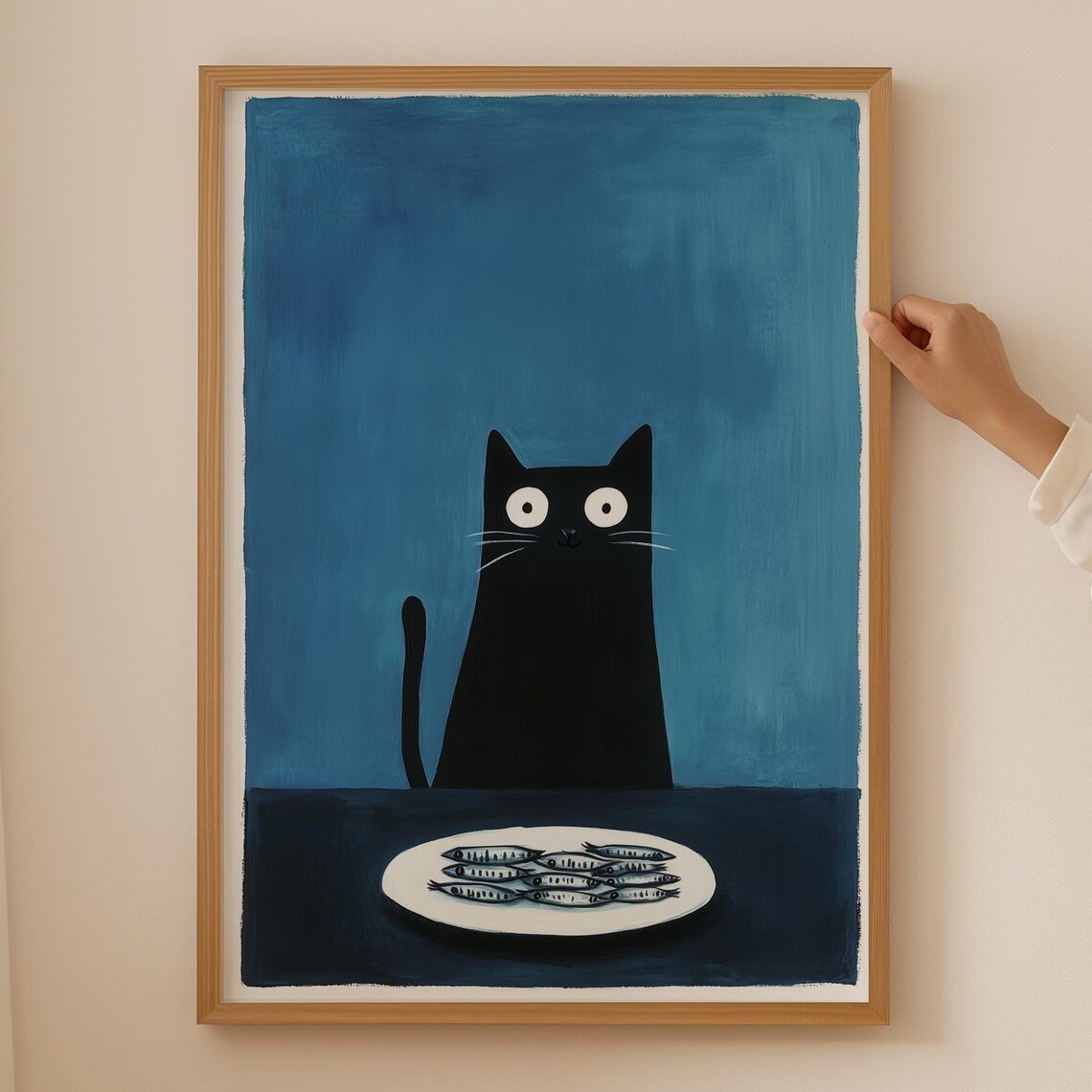 Funny Cat Sardine Poster Print, Funky Fish Theme