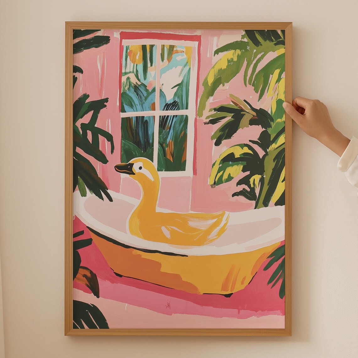 Yellow Rubber Duck in Pink Bathtub Tropical Bathroom Art Print