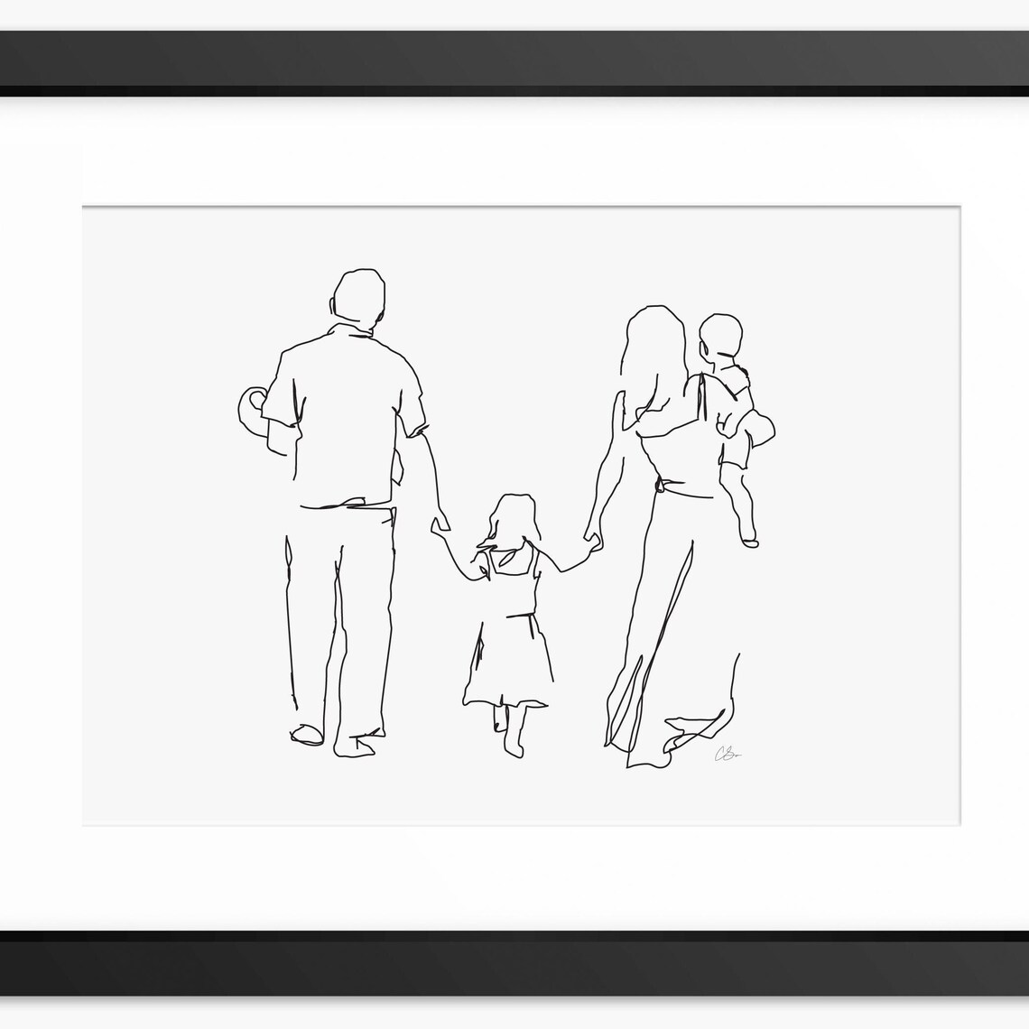 Family of Four Walking Away Tender Minimalist Line Art Poster