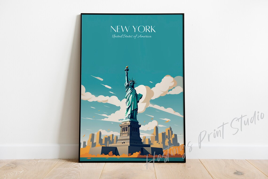 New York Statue of Liberty Teal Vintage Travel Poster USA Art