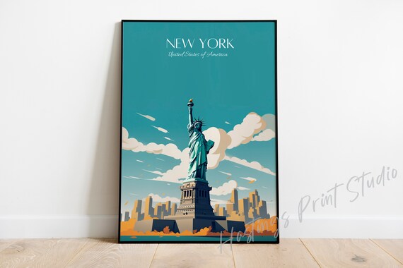 New York Statue of Liberty Teal Vintage Travel Poster USA Art