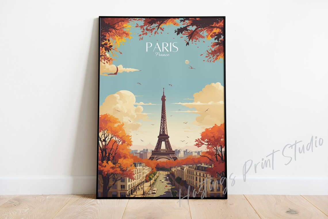Paris Eiffel Tower Autumn Trees Vintage France Cityscape Travel Poster