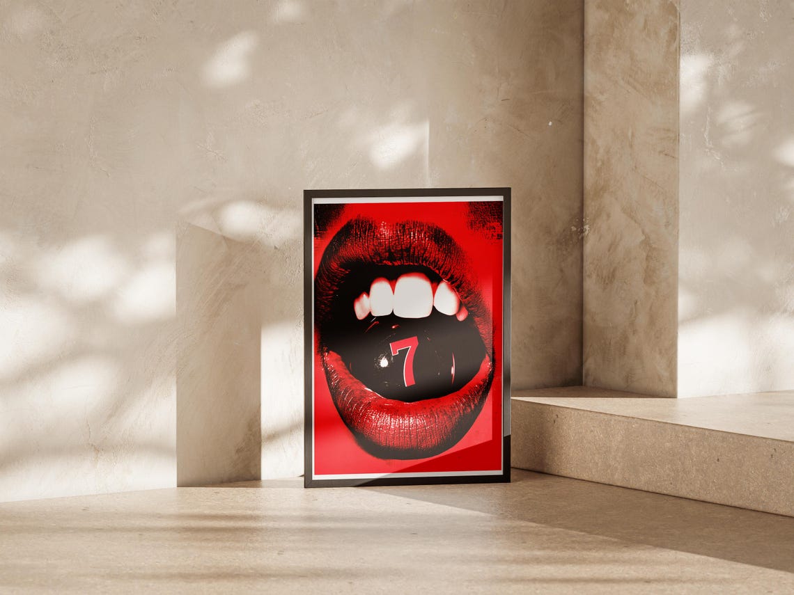 Red Lips With Lucky 7 Billiard Ball 80s Retro Pop Art Poster - Image 3