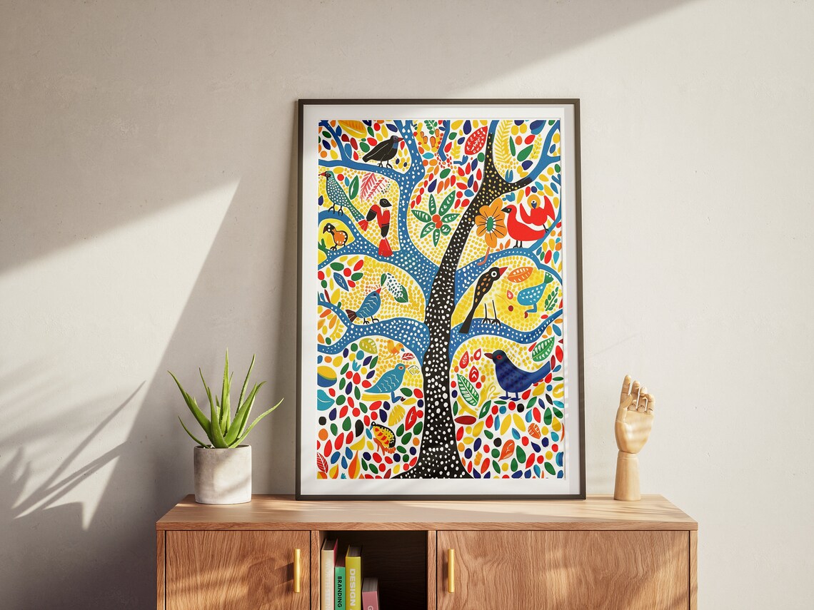 Colorful Tree of Life With Birds Gond Folk Art Madhubani Poster - Image 2
