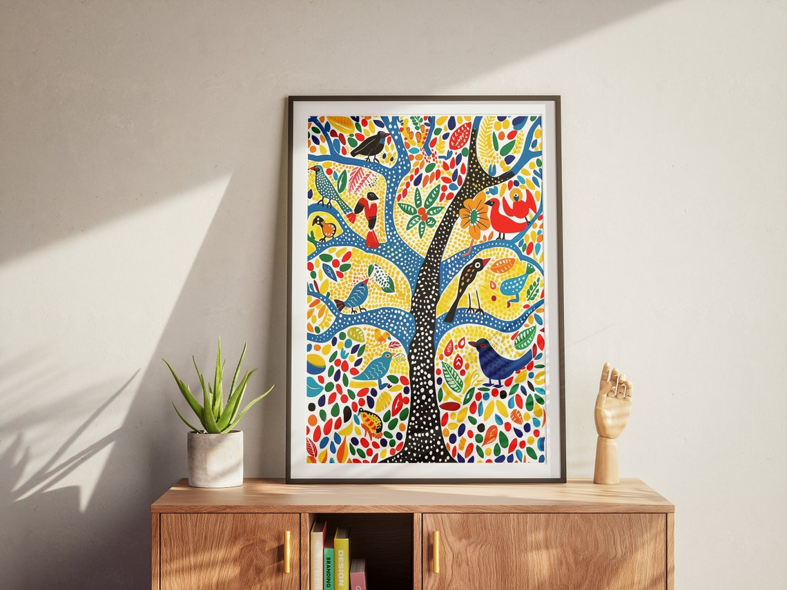 Gond Folk Art Colorful Tree With Birds And Flowers Poster Gond Art Madhubani Art Tribal Art Colorful Poster Folk Painting Indian Art - Image 2