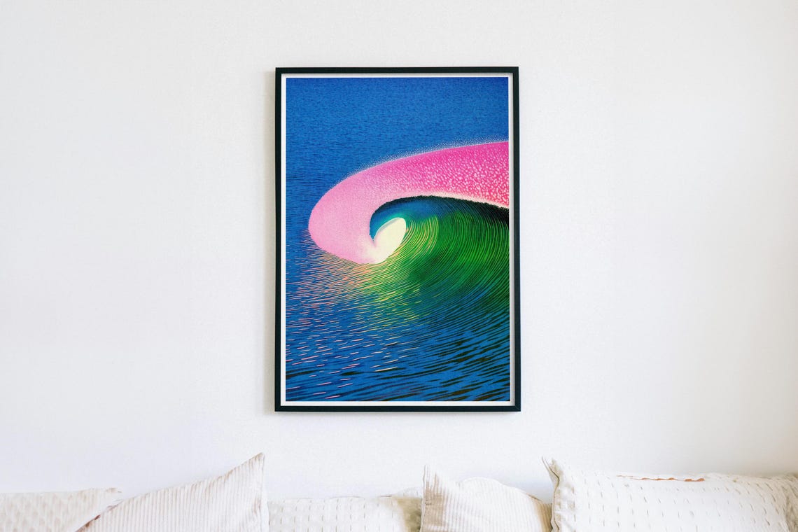 Neon Pink Surf Wave Ocean Barrel Beach House Coastal Art Poster - Image 3
