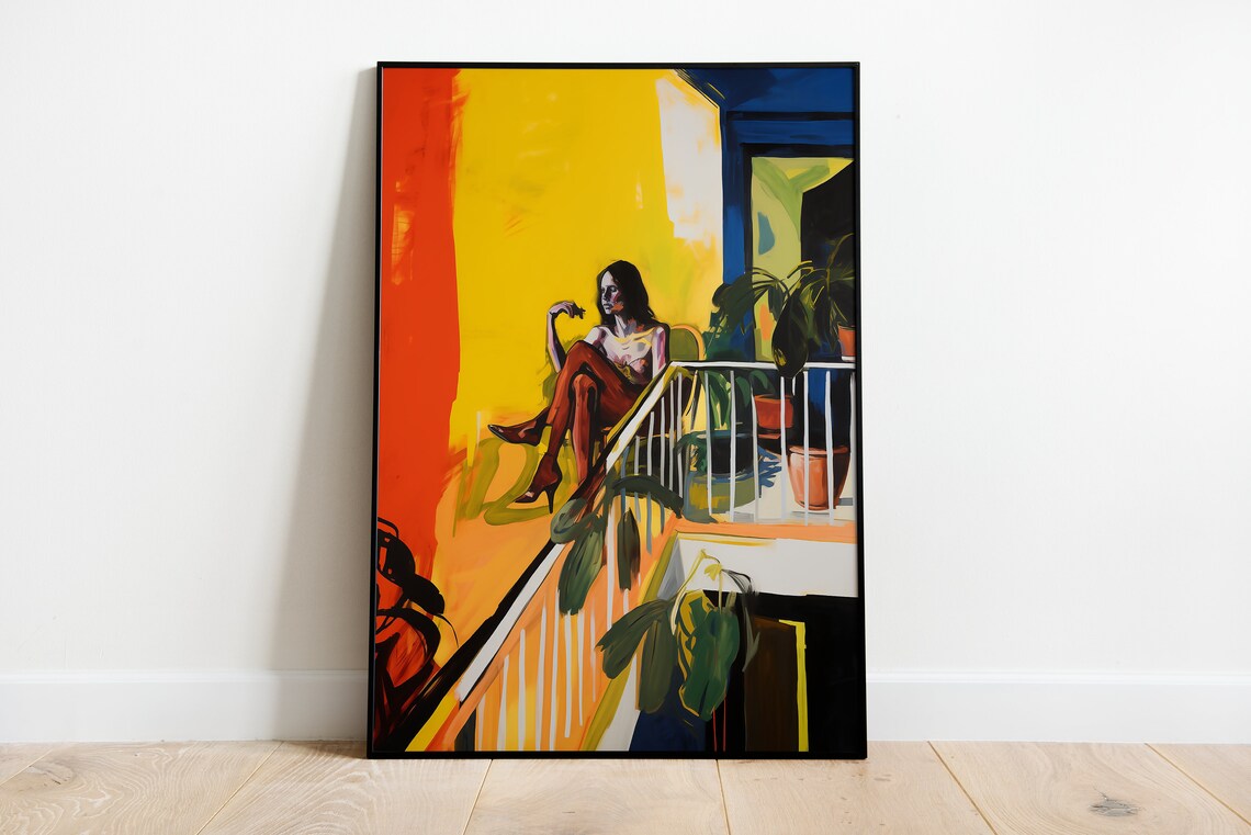 Expressionist Woman on Balcony Bold Yellow Modern Figure Art Print