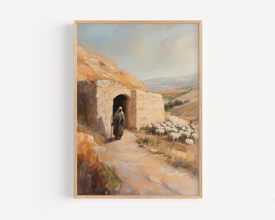 Shepherd at the Gate Biblical Oil Painting Print of a Rustic Christian Scene