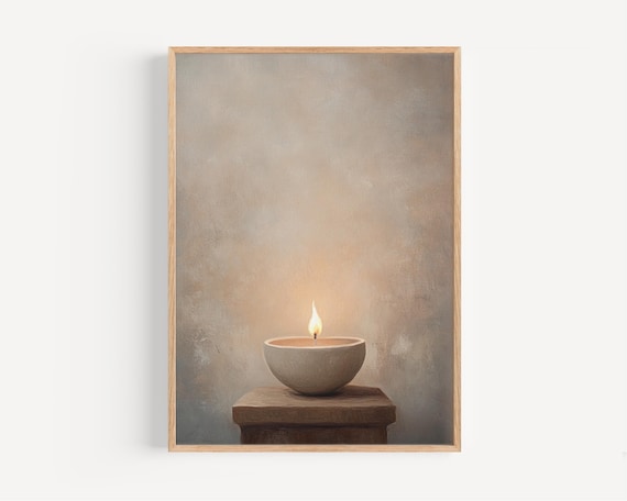 Clay Oil Lamp With A Single Flame Minimalist Painting Poster Of Faith