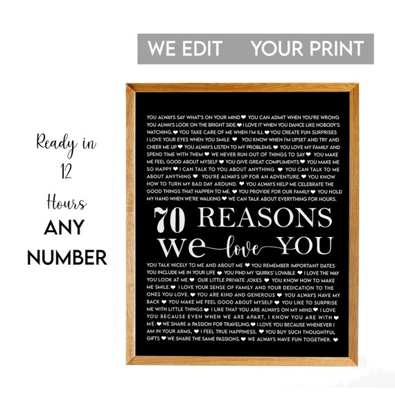 70 Things We Love About You 70th Birthday Gift For Her Gift For Sister 70th Birthday For Mom 70th Birthday For Wife