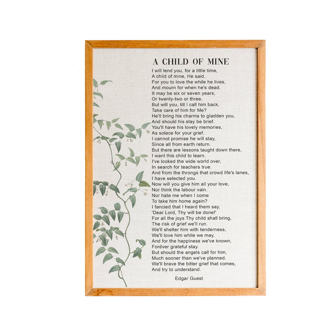 Edgar Guest A Child of Mine Poem Botanical Memorial Sympathy Gift Poster