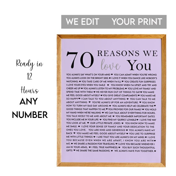 70 Reasons Why We Love You Lavender 70th Birthday Milestone Poster