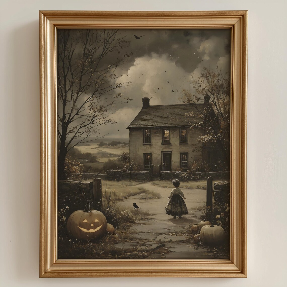 Vintage Halloween Jack O Lantern Cottage Night Scene Art Poster