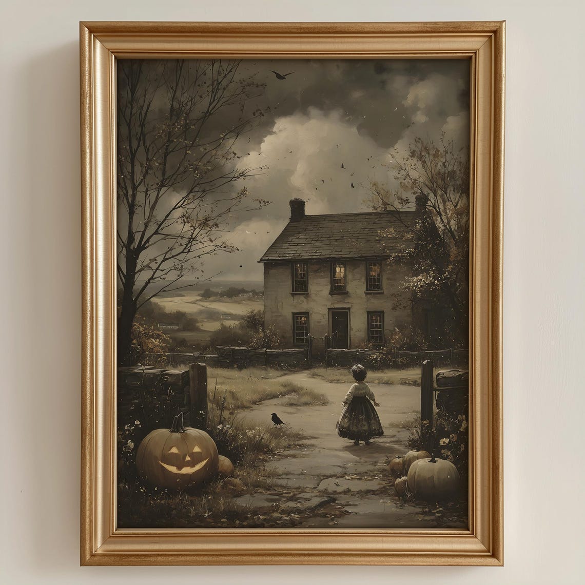 Vintage Halloween Wall Art Girl With Jackolanterns And Cottage Spooky Autumn Fall Decor Rustic Pumpkin House Scene