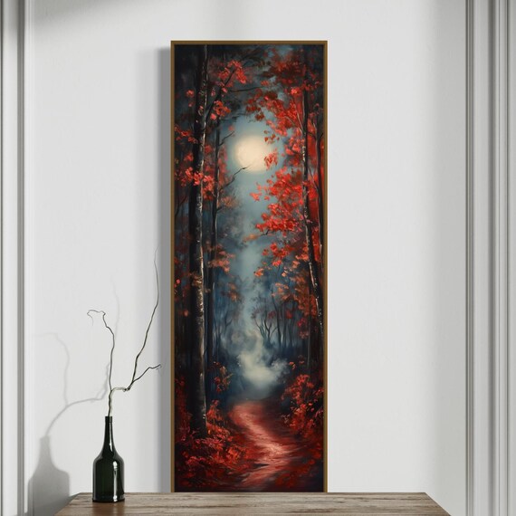 Moonlit Autumn Forest Art Mystical Fall Print With Red Leaves And Foggy Path Perfect Narrow Wall Decor For Enchanted And Moody Spaces