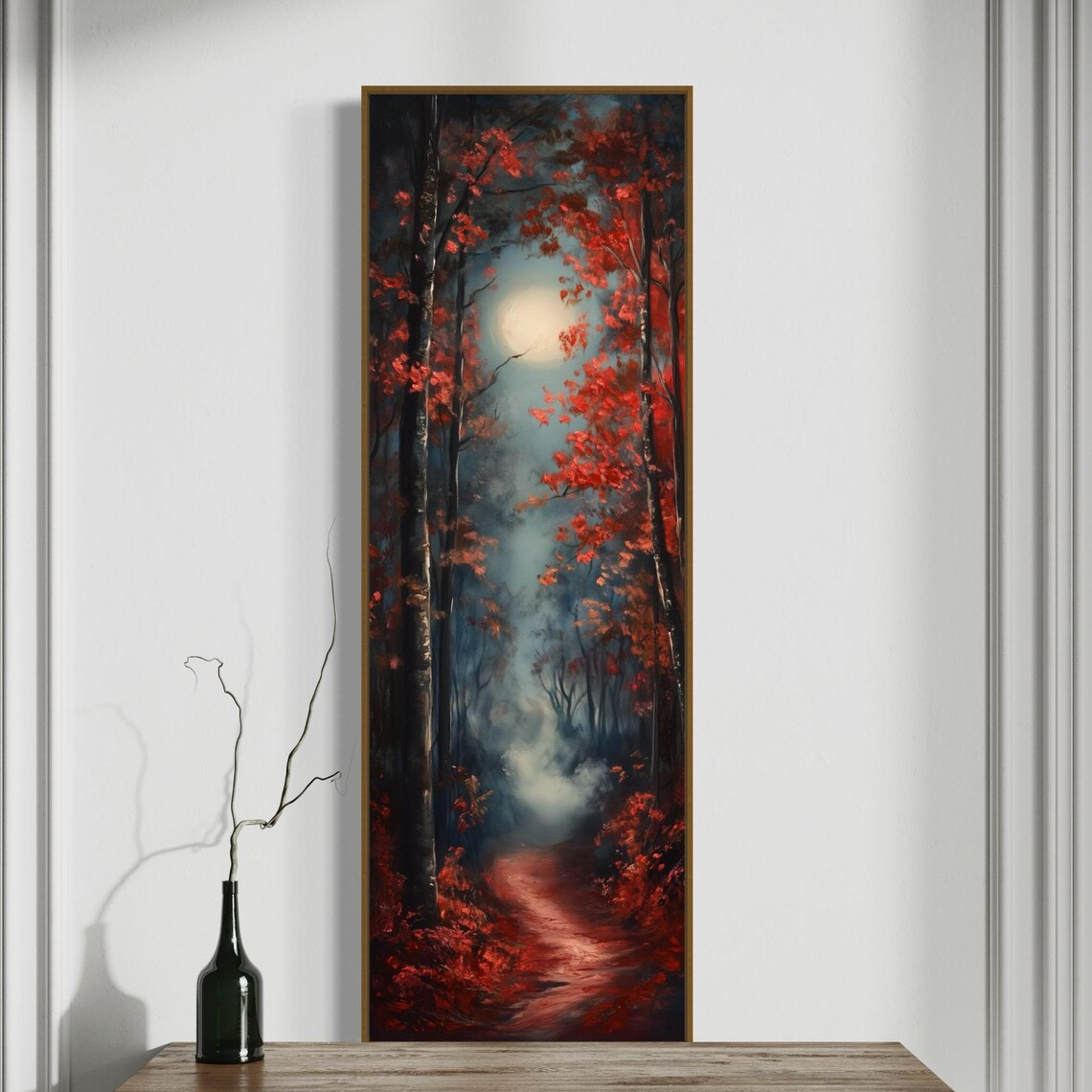 Moonlit Autumn Forest Red Leaves Foggy Path Narrow Wall Art Poster