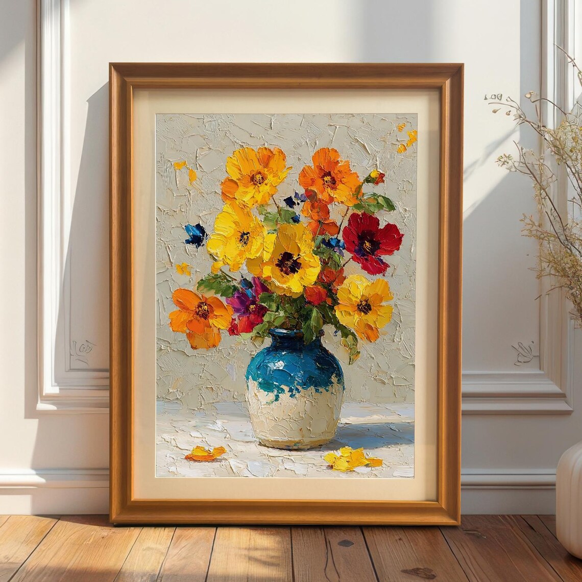 Impasto Poppies in Blue Vase Vibrant Floral Oil Painting Poster