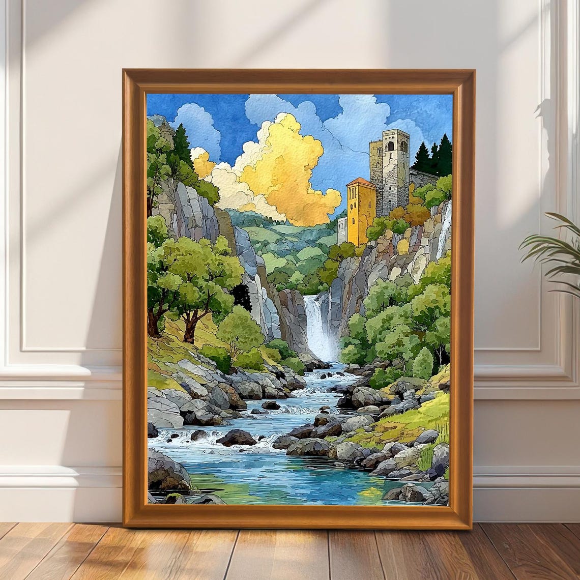 Medieval Castle and Waterfall Watercolor River Valley Landscape Poster