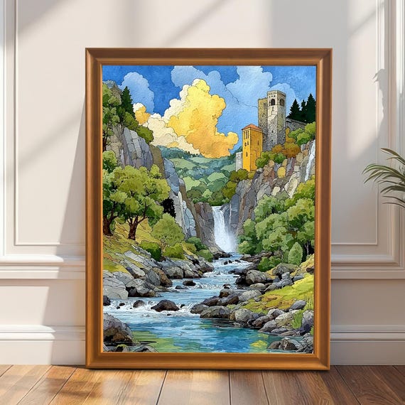 Watercolor Castle Waterfall Art Print Medieval Landscape Wood Frame Wall Decor