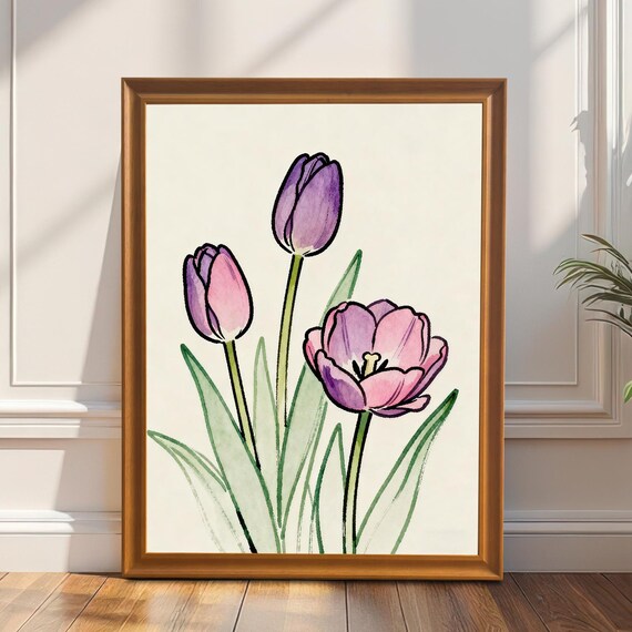 Watercolor Purple Tulip Art Print Minimalist Flower Wood Frame Home Wall Decor