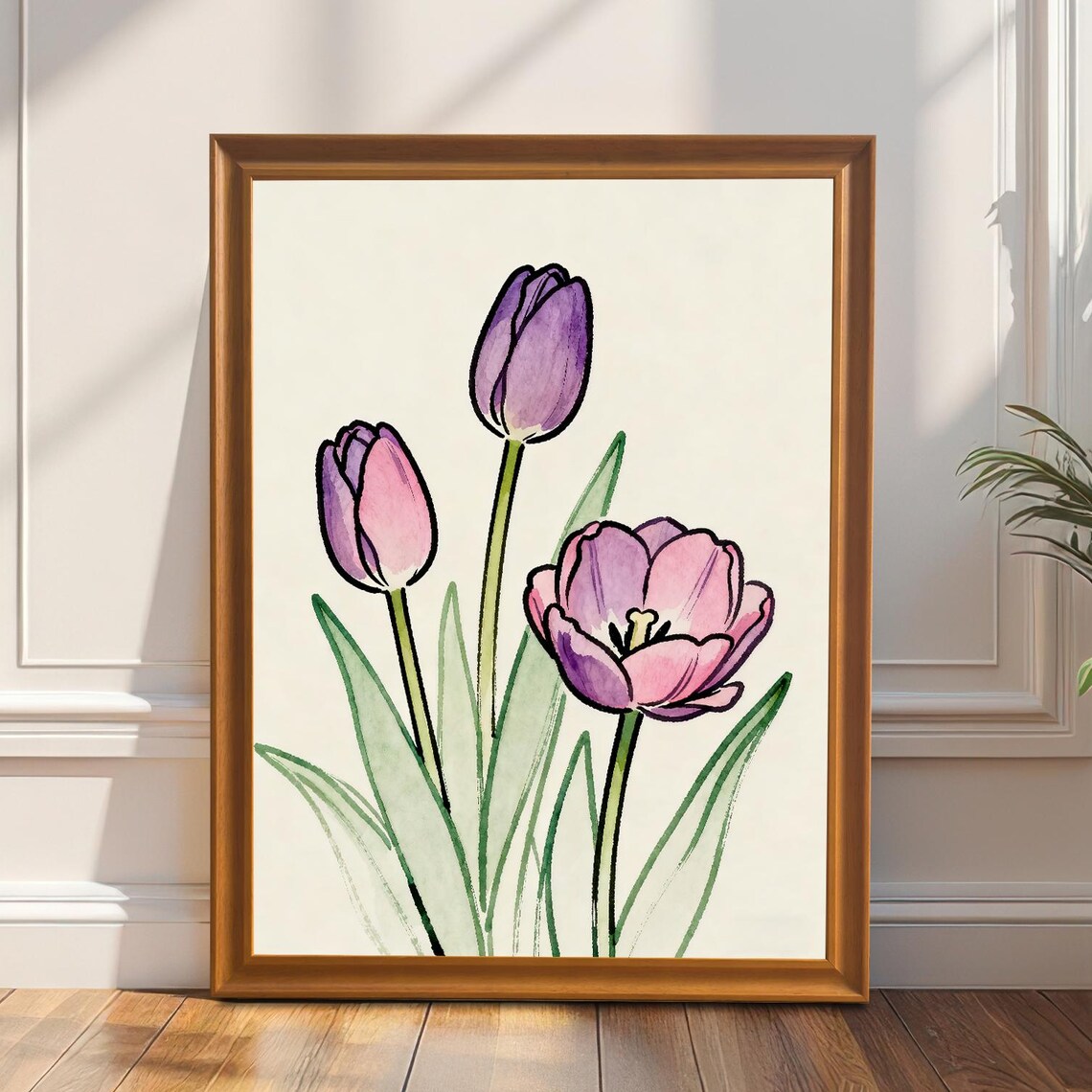 Watercolor Purple Tulip Art Print Minimalist Flower Wood Frame Home Wall Decor
