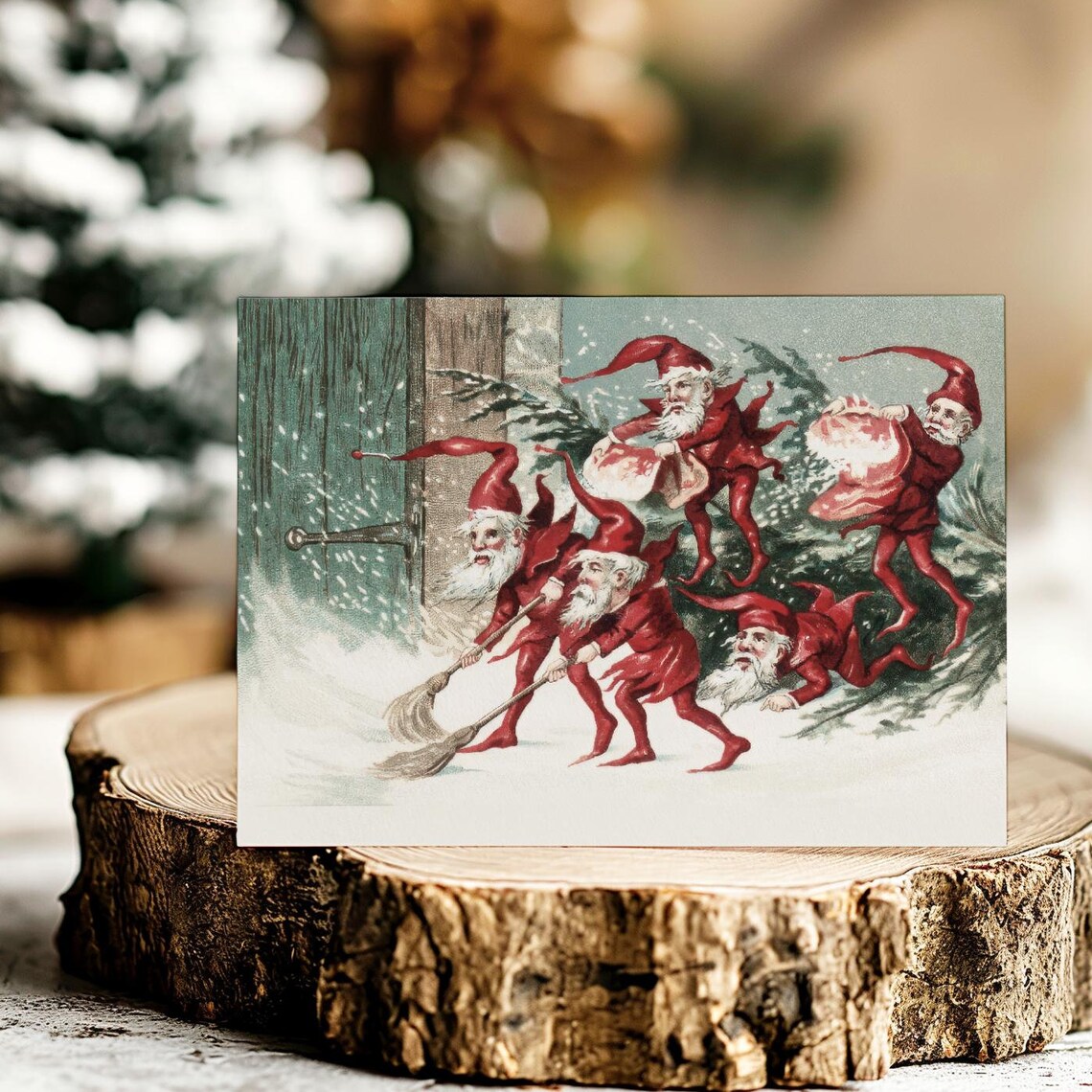 Vintage Scandinavian Christmas Gnomes Red Elves Snowy Card Art Print