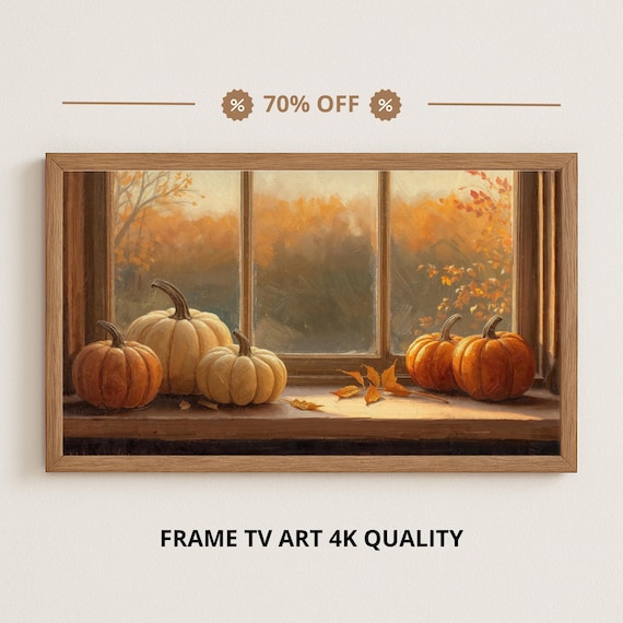 Pumpkins on Windowsill Autumn View Cozy Fall Window Scene Poster