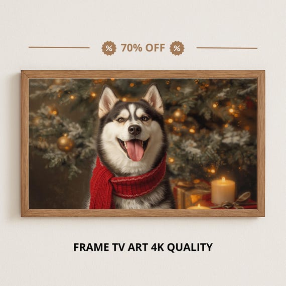 Samsung Frame Tv Art 4k Happy Husky By The Christmas Tree Fall Oil Painting Landscape Nature Wall Decor 3840x2160