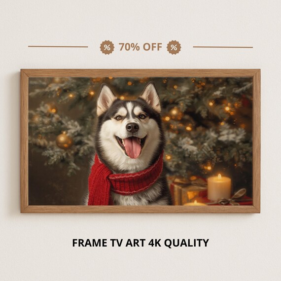 Smiling Husky Red Scarf Christmas Tree Candlelight Holiday Poster