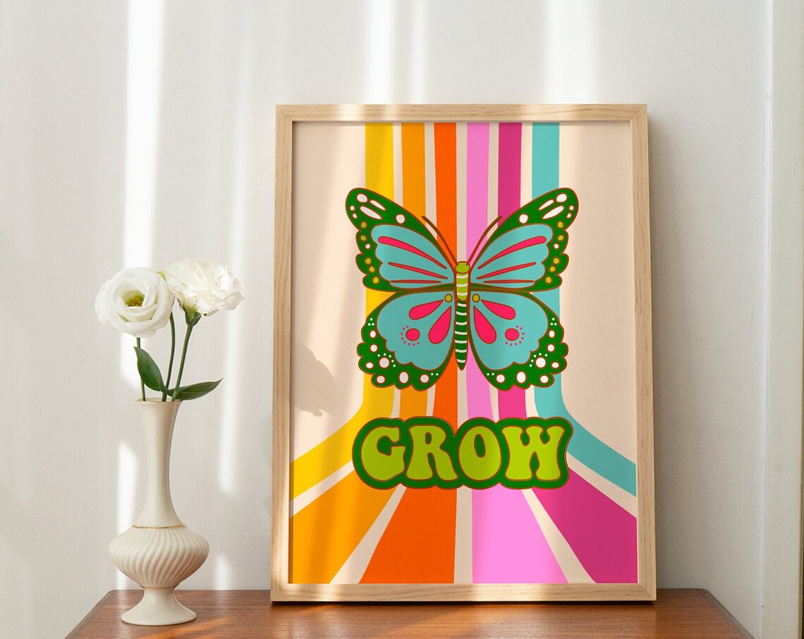 Grow Butterfly Groovy Rainbow Letters Retro Floral Quote Poster - Image 2