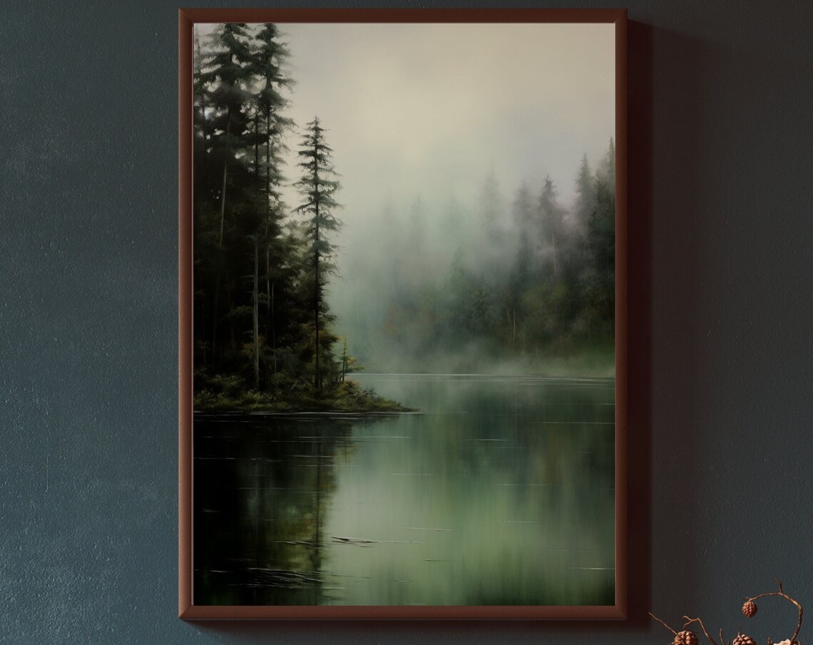 Misty Forest Lake Art Print, Serene Landscape
