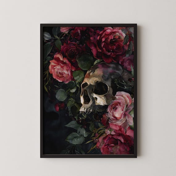 Watercolor Skull Roses Art Print
