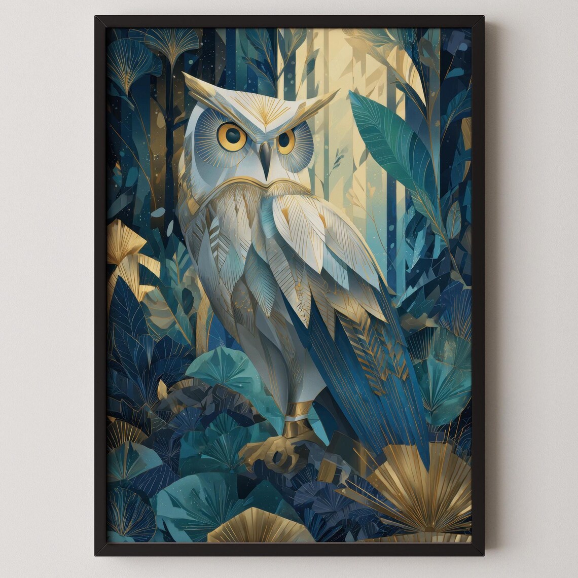 Art Deco Golden Owl In Mystical Forest Fantasy Animal Wall Art