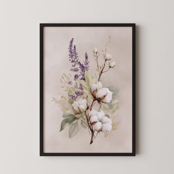 Watercolor Cotton Lavender Print Botanical Farmhouse Wall Art