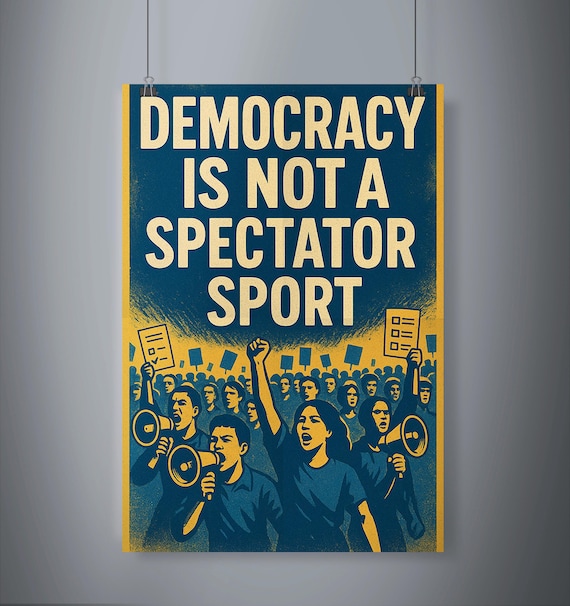 Democracy Is Not a Spectator Sport Protest Poster in Navy and Gold