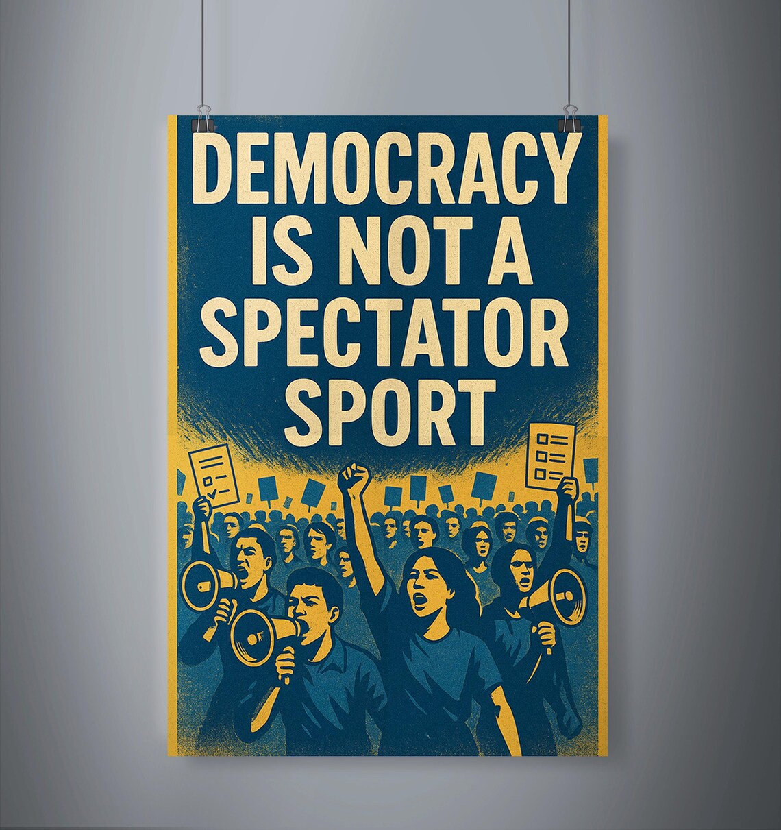 Democracy Is Not a Spectator Sport Protest Poster in Navy and Gold