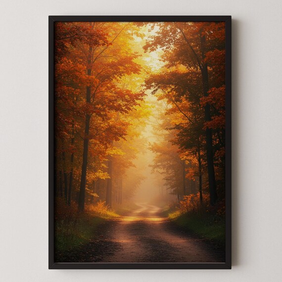 Misty Golden Hour Autumn Forest Path Glowing Orange Canopy Poster