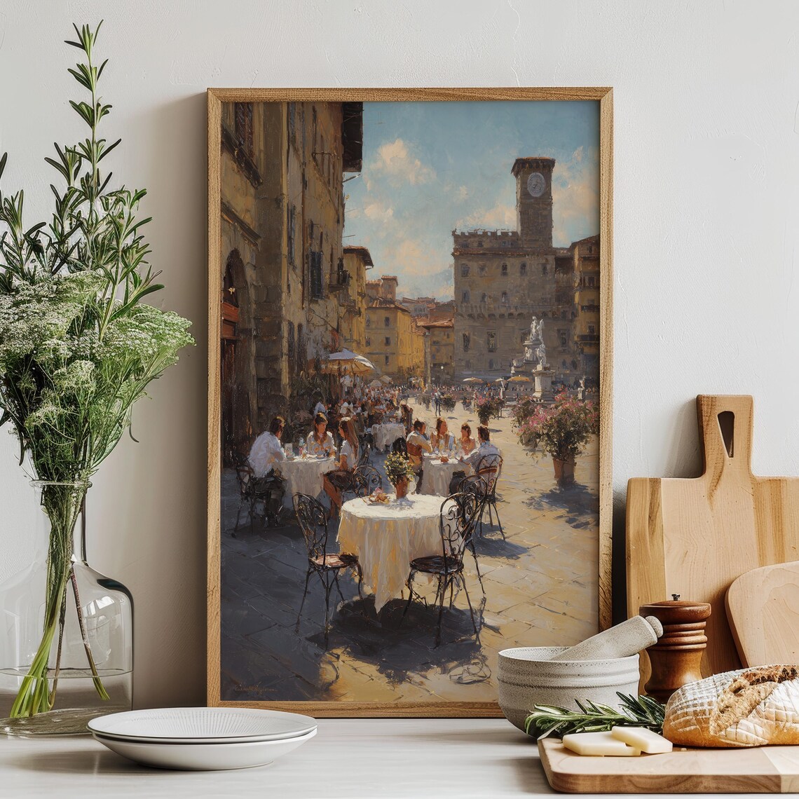 Florence Italy Outdoor Cafe Scene Historic Plaza Clock Tower Poster