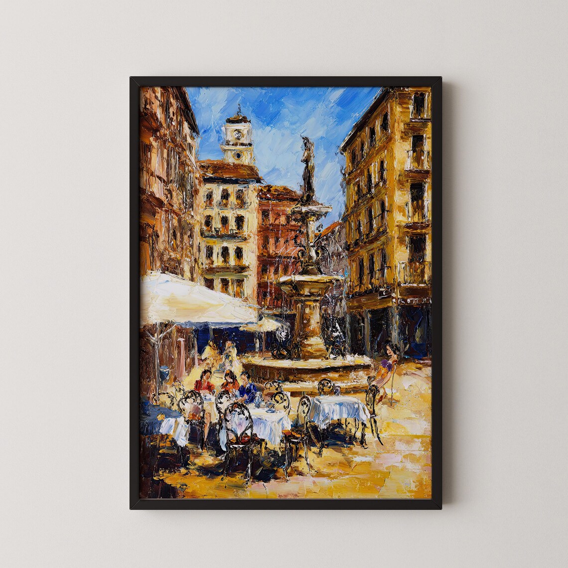 Madrid Plaza Mayor Fountain Café Impressionist Spain Travel Poster