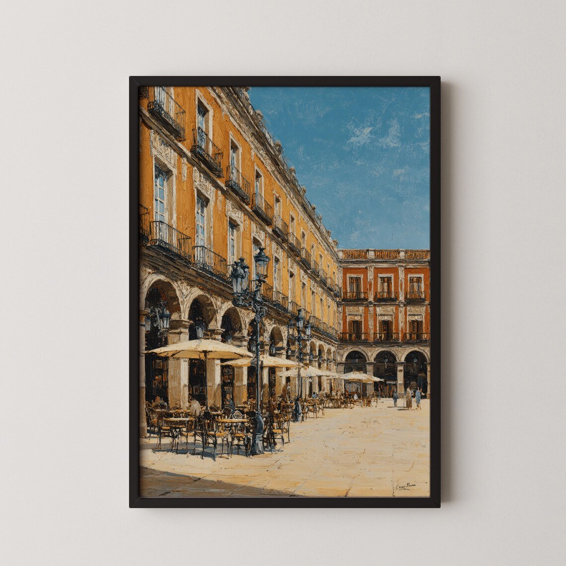 Plaza Mayor Madrid Arcades Cafe Vintage Oil Painting Travel Poster