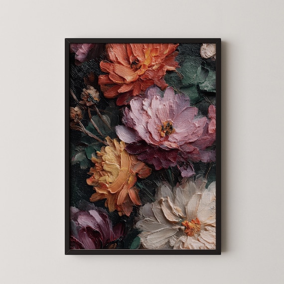 Dark Autumn Floral Abstract Botanical Textured Oil Painting Poster