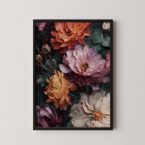 Dark Autumn Floral Wall Art Abstract Botanical Still Life Oil Painting Moody Textured Print