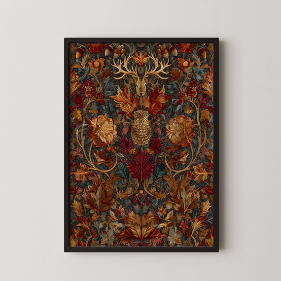 Autumn Woodland Tapestry Deer Owl William Morris Style Fall Decor Print