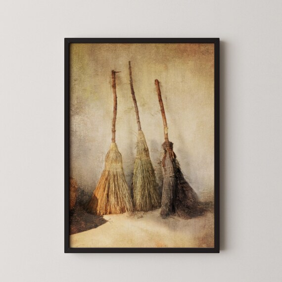 Vintage Witch Broom Print Rustic Farmhouse Kitchen Art