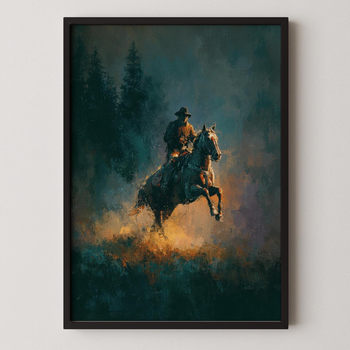 Cowboy Riding Horse At Dusk Moody Western Wilderness Art Poster