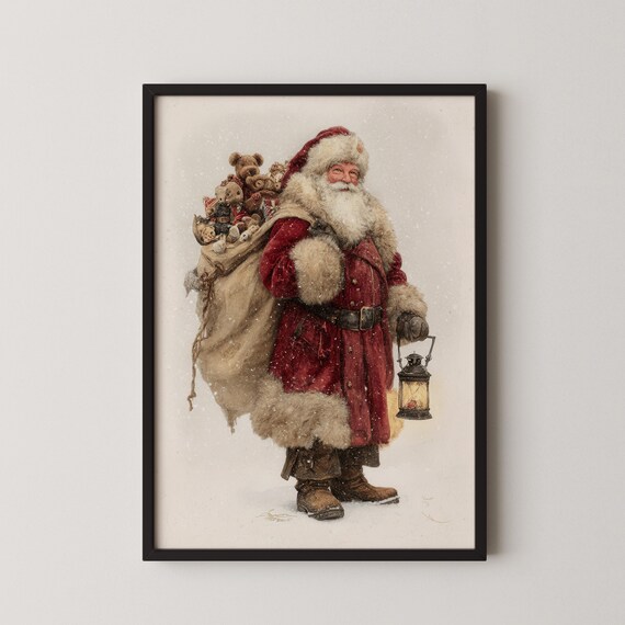 Vintage Santa Claus Christmas Painting With Lantern And Toy Sack Art Poster