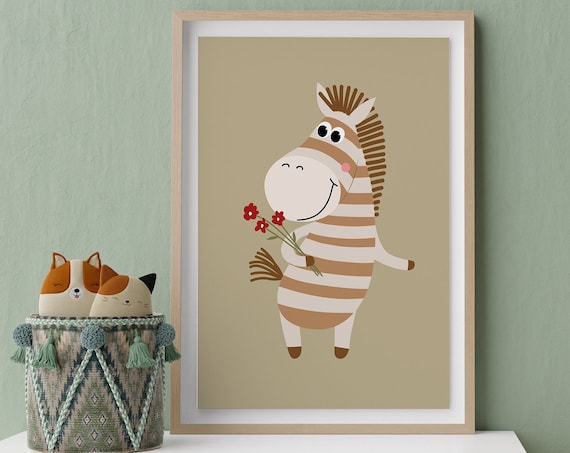 Cute Smiling Zebra Holding Flowers Nursery Baby Room Wall Poster